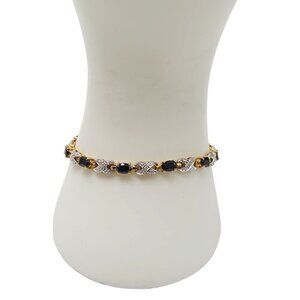 Gold Plated Blue Topaz Diamond Clip Link Tennis Bracelet Vintage 7.25 inches